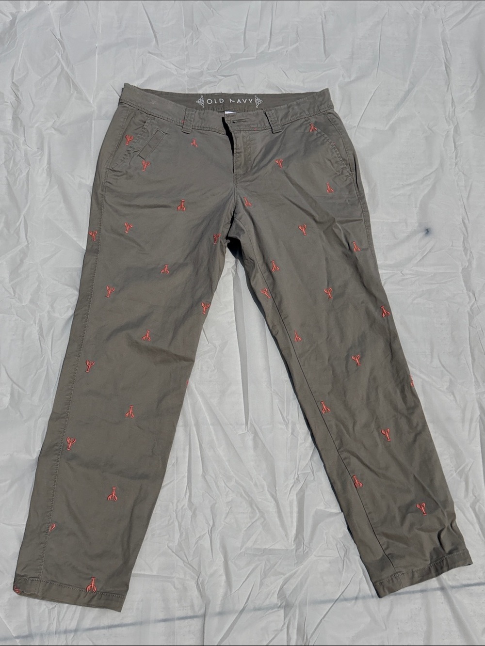 Old Navy Men's Olive Chino Pants with Coral Embroidery
